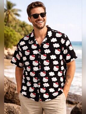 Hello Kitty Button-Up Shirt Mens Size XL Black Cloud Print Casual